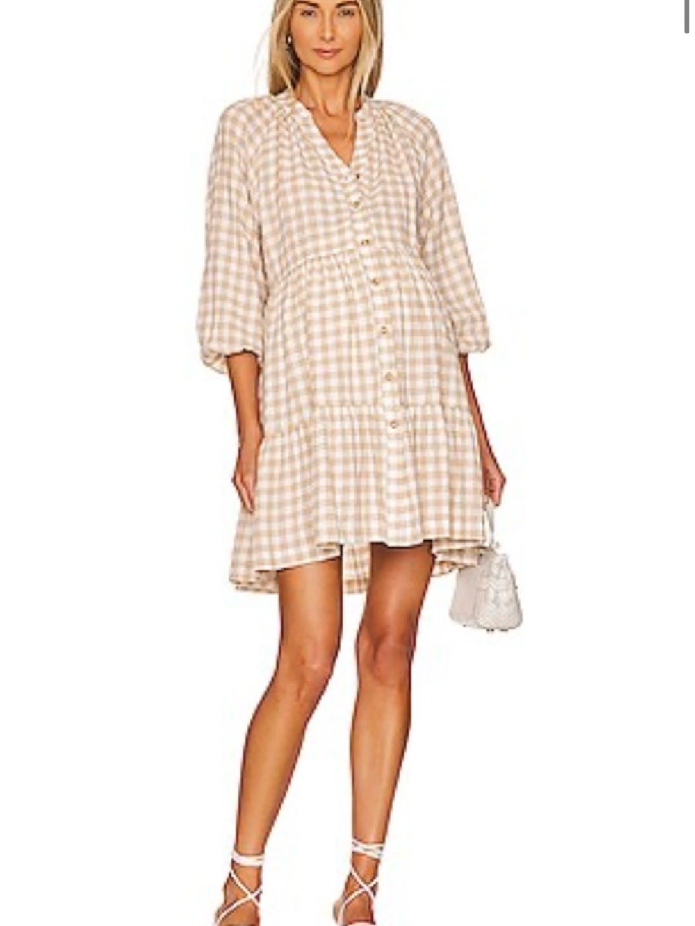 Hatch revolve Beige Gingham Button-Front Smock Dress
